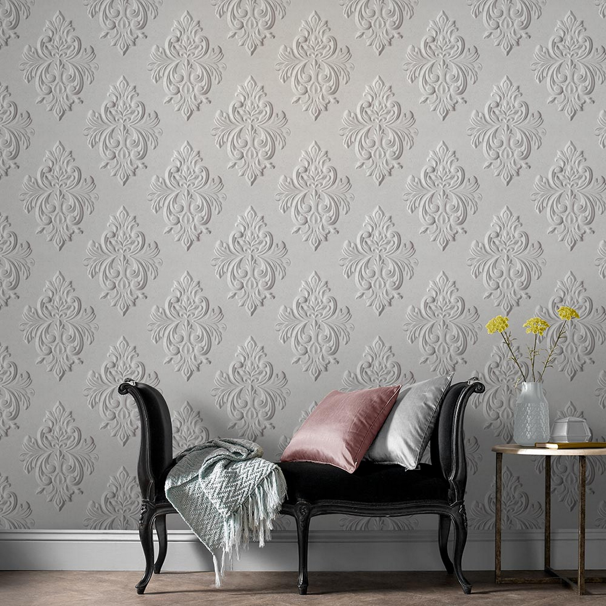 Stone Damask Wallpaper 106440 By Graham Brown In White